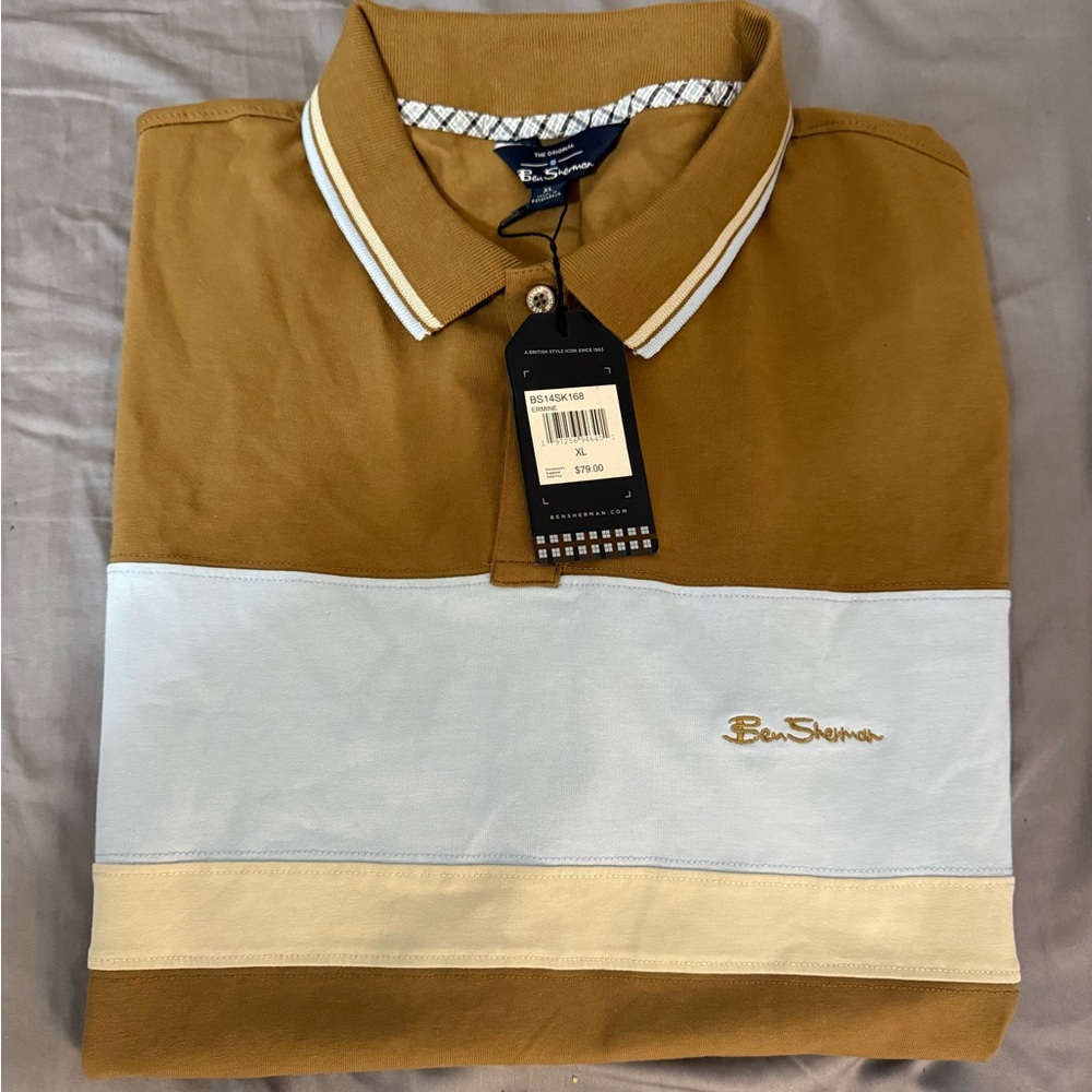 Ben Sherman Tan and White Striped Polo Shirt.  SZ  XL